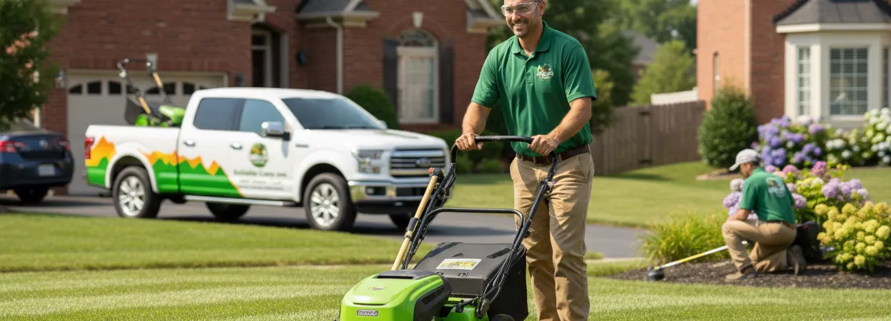 Green Cuts crew and mower at work on a property