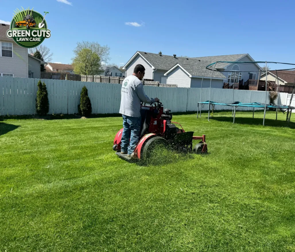 Green Cuts crew mowing a lawn in Valparaiso, Indiana